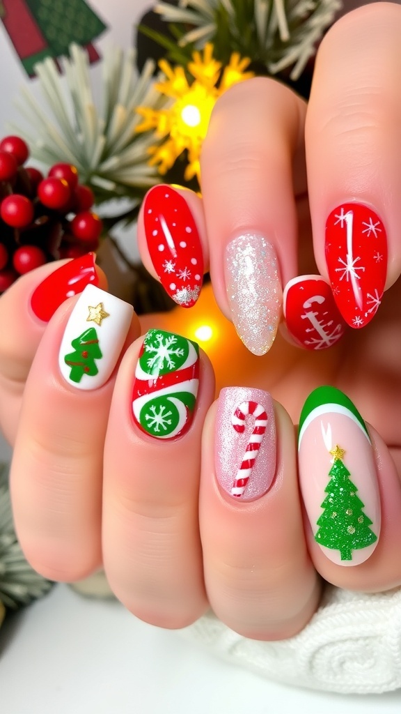 A collection of Christmas-themed nail art designs with red, green, and white colors, featuring snowflakes and candy canes.